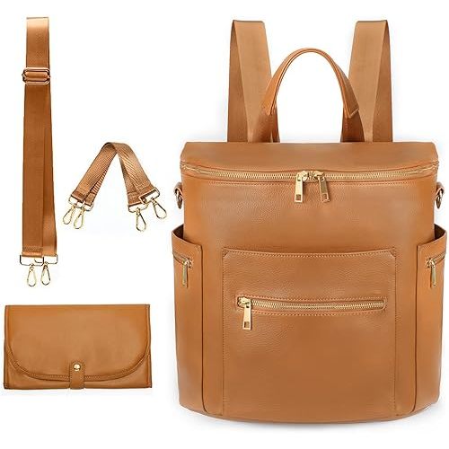 Diaper bag, Leather Diaper Bag Backpack by MF Store, Diaper Backpack with Laptop Sleeve,Changing Pad,Wipes Pouch,Stroller Straps and Insulated Pockets, Brown, 13x7x12 Inch