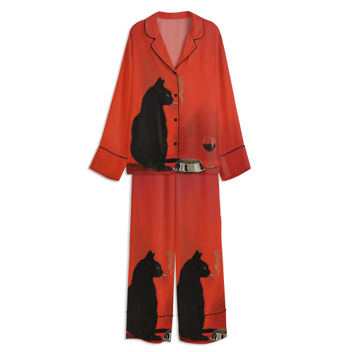 Tokyover Black Cat Smoking Cigarette And Wine Unisex&nbsp;Long Sleeve Satin Pajama Set