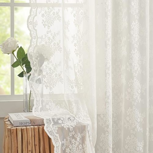 YJ YANJUN Vintage Lace Curtains 84 Inches Long-Romantic Flowers and Branch Sheer Lacy Curtains for Living Room French Door 1 Pair Rod Pocket, 52 x 84 Inch Ivory