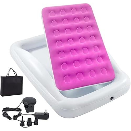 Inflatable Kids Travel Bed Toddler Air Mattress Set,Portable Blow Up Mattress Sleeping Bed Cot with Bed Rails and Electric Pump Ideal for Road Trip