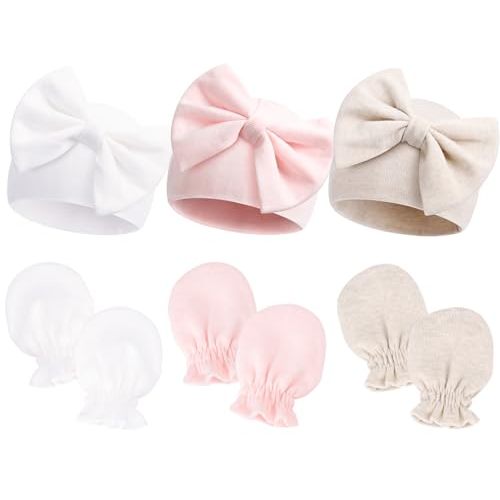 Newborn Hospital Hats Gloves Baby Infant Bow Beanie Cotton Caps No Scratch Hat Mittens Set for 0-6 Months