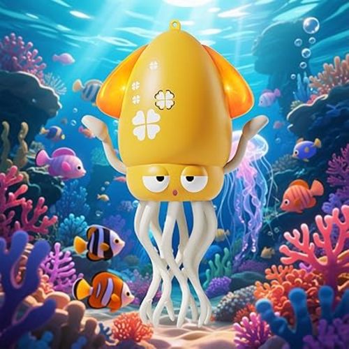 Interactive Dancing Octopus Toy,LED Light-Up Music Crawling Squid with Smart Obstacle Avoidance & Fishing Rod,Tummy Time Baby Toy,Musical Toy for 3 4 5 6 Year Old Boys and Girls(Yellow)
