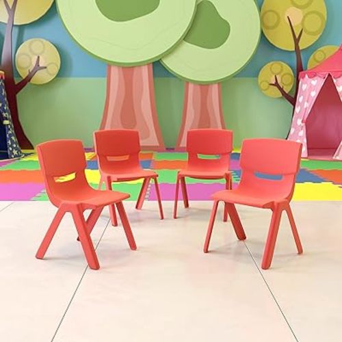 EMMA + OLIVER 4 Pack Red Plastic Stackable School Chair with 10.5" H Seat, Preschool Chair