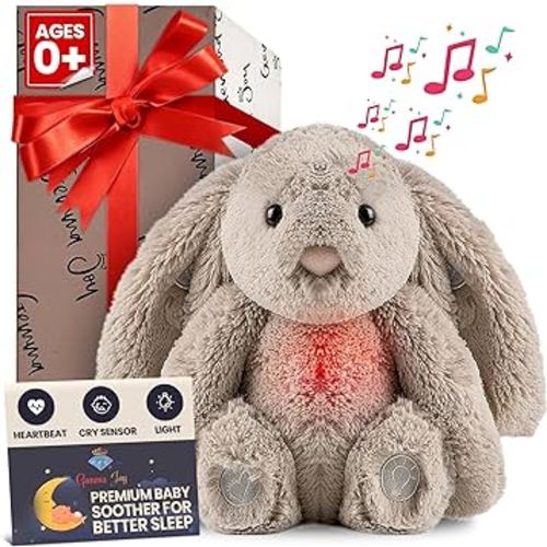 Gemma Joy Bedtime Baby Soothers for Sleep, Cry Activated Heartbeat Stuffed Animal for Baby, Newborn, Calming Light, Lullaby Music, White Noise, Shush and Mother’s Heartbeat - (Bunny, Non-Rechargeable)