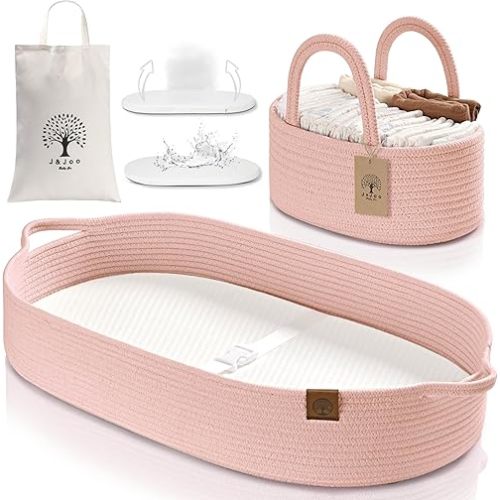 J&JOO Baby Changing Basket includes Diaper Caddy - Breathable & Waterproof Dual-Cover, Portable, Changing Pad for Dresser & Changing Table, Gift for Baby Shower, Cotton Rope Basket for Baby