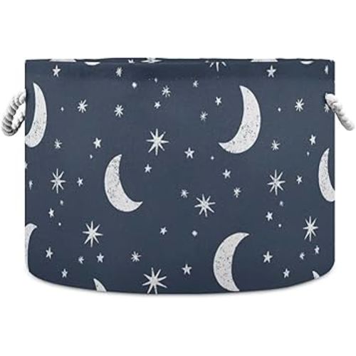 Navy Blue Stars Moon Print Round Storage Basket Large Laundry Hamper 20x14 Inches Organizer Bin Blanket Storage Bag for Bedroom Bathroom Nursery Living Room Decoration