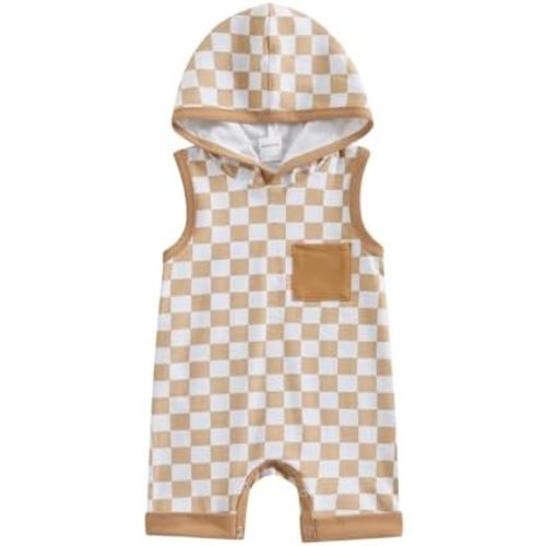 Newborn Boy Checkered Outfit Baby Sleeveless Hooded Romper Jumpsuit Cute Summer Clothes