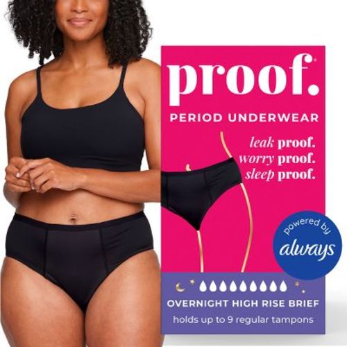 Proof. by Always Women's High-Rise Briefs, Overnight Absorbency Period Underwear - Medium - Black