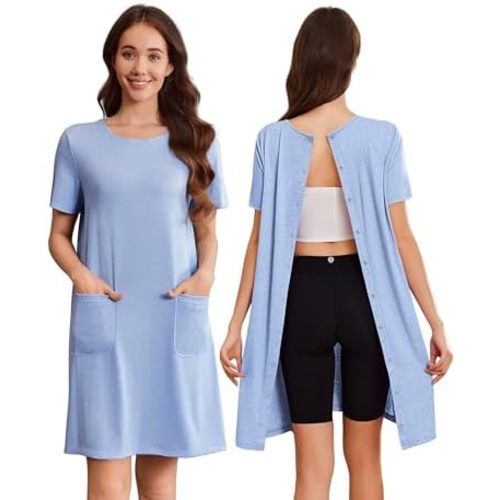 Deyeek Hospital Gowns for Women Open Back Tear Away Snap Nursing Dress Short Sleeve Soft Adaptive Clothing With Pockets