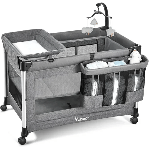 4-in-1 Baby Bassinet with Mattress - One-Push Setup Playard - Bedside Crib with Diaper Changer from Newborn to Toddler (Grey)