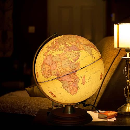 Illuminated World Globe for Adults & Kids with Wooden Stand,Built in LED Lamp for Illuminated Night View Antique Globe for Home Décor and Office Desktop 8inch