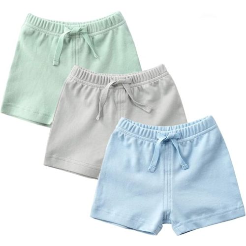 Teach Leanbh Unisex-Baby 3-Pack Cotton Soild Color Short with Drawstring 3-24 Months - 3-6 Months - Green/Gray/Blue
