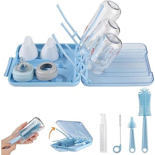 Bottle Brush Set -Baby Travel Essential-6 in 1 Bottle Cleaner Kit with Silicone Bottle Brush,Nipple Cleaner Brush,Straw Brush,Soap Dispenser,Storage Box,Bottle Drying Rack for Home and Travel(Blue)