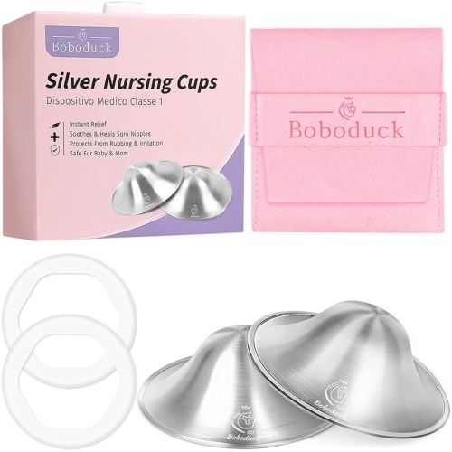 Boboduck The Original Silver Nursing Cups - 925 Silver Nipple Covers Breastfeeding - Protect and Soothe Sore Nipples - Silver Nipple Shield Guards with Soft Silicone Ring (Regular)