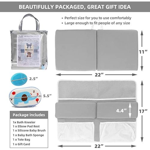 Bath Kneeler and Elbow Rest Pad Set for Baby Bathtub, Thick Non-Slip Bathing Kneeling Mat Cushion Quick Drying Bathtub Knee Saver with Arm Support and Pockets for Bathroom Bathing time Comfort, Gray - Grey