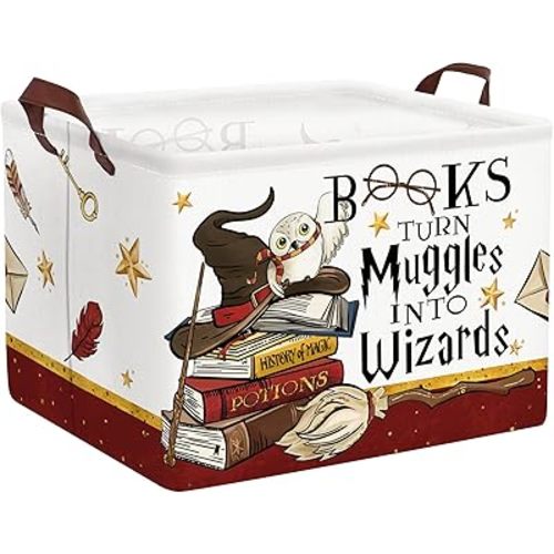 Clastyle Magic Nursery Decor Baby Basket Large Brown Feather Wand Hat Basket Broomstick Owl Kid Gift Book Shelf Basket Collapsible Clothes Basket Rectangle Toy Bin