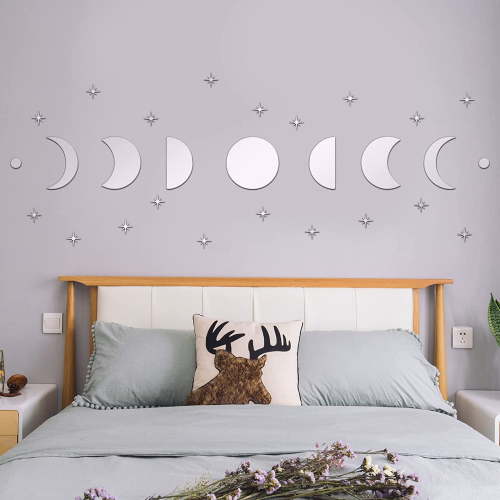 1Set Moon Phase Mirror Wall Decals 3D Acrylic Moonphase Mirrors Moon Star Wall Sticker Silver Self Adhesive Ornament Scandinavian Natural Decor for Nursery Bedroom Decoration