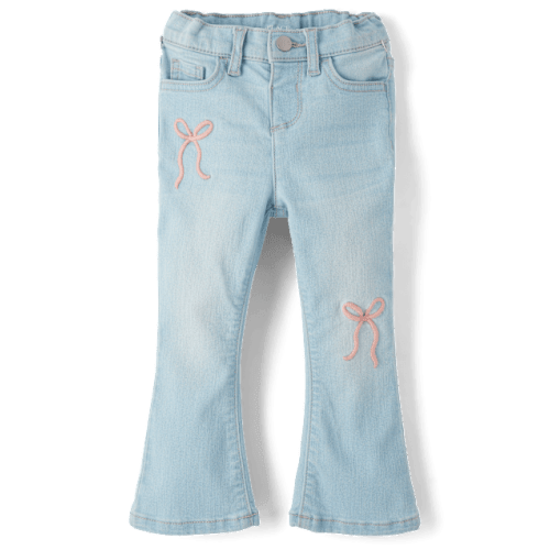 Toddler Girls Embroidered Bow High Rise Flare Jeans - Blue