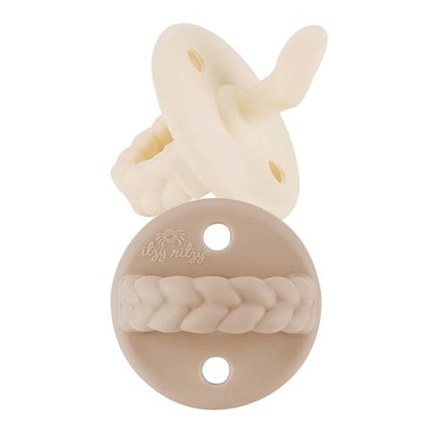 Itzy Ritzy Silicone Orthodontic Pacifiers - Itzy Soother Pacifiers with Collapsible Handle & Two Air Holes for Added Safety, Baby Pacifier For Ages 0 - 6 Months (Buttercream & Toast)