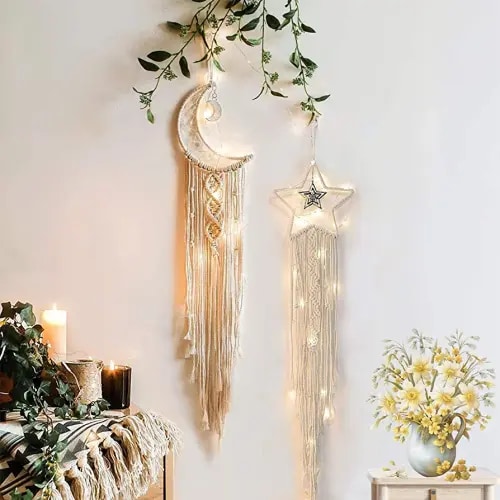Moon Star Dream Catcher Decor,2pcs Boho Home Moon Star Dreamcatcher,Macrame Wall Hanging Boho Home Decor for Kids Baby Bedroom Decoration for Women Girls Craft Thanksgiving Xmas Gifts