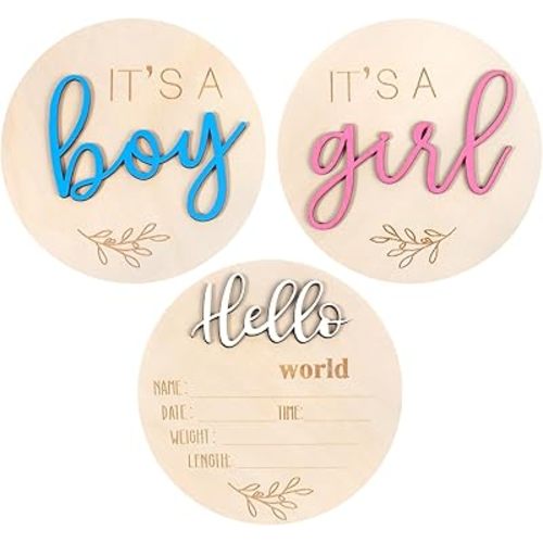 Baby Announcement Sign, 3 Pcs Birth Announcement Sign - Its a Boy, Its a Girl Signs & Hello World Newborn Signs, Wooden Gender Reveal Decorations for Hospital Shower Party Photo Props