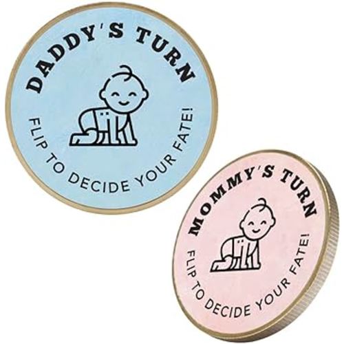 Andaz Press Decision Coin, New Parent Decision Coin Gifts, Double Sided Flip Coin, Daddy's Turn Mommy's Turn Coin, Decision Making Coin Gag Gift for Baby Shower Pregnancy Gift Includes Keychain Holder