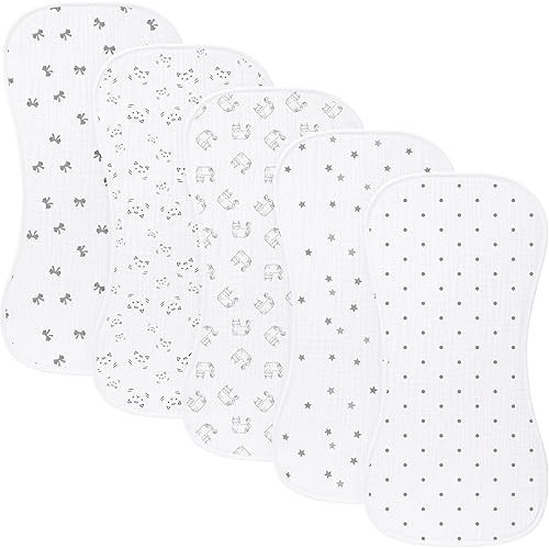 sleepyturtle 5 Pack Baby Burp Cloths, Unisex Newborn Burping Cloths, Soft and Absorbent Muslin Cotton, Large Size for Newborn, (Grey-hd)