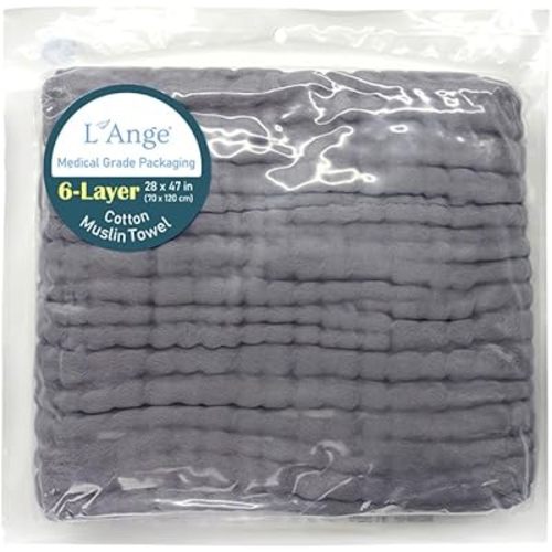 L'Ange Baby Towel - 100% Cotton Muslin, 6 Layers, Quick Dry, Medical Grade Packaging for Infants and Newborns - 28 x 47in - Dove Gray