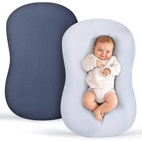 Termichy Baby Lounger Covers Muslin: Soft and Breathable Slipcover for Snuggle Me Lounger - Machine Washable & Zipper-Free for Safe Daily Use - Navy & Blue for Boys