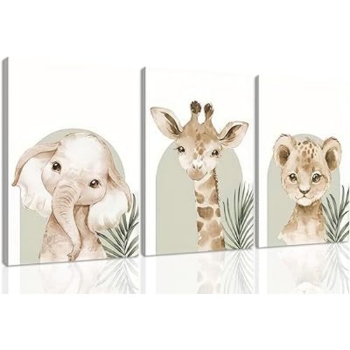 HNNXAR Nursery Canvas Wall Art Set Of 3 Baby Boy Girls Kids Room Picture Wall Decor Jungle Safari Lion Elephant Giraffe Poster Painting Cute Animal Prints For Children Toddlers Bedroom 12x16 Framed