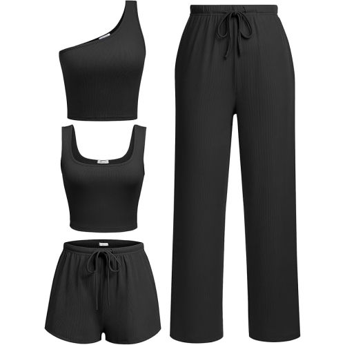 Ekouaer Womens 4 Piece Lounge Sets Ribbed Knit Crop Tank Top and Shorts Pants Casual Outfits