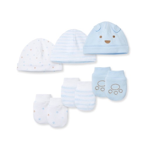 Little Me 6-piece Fluffy Fun hat & mitten set- Light Blue
