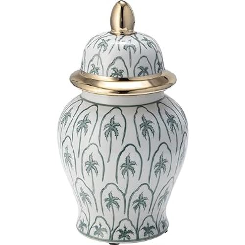 10" Temple Jar with Lid - Ceramic White, Green and Gold Palm Tree Decorative Stoneware for Home, Office, Gift Idea