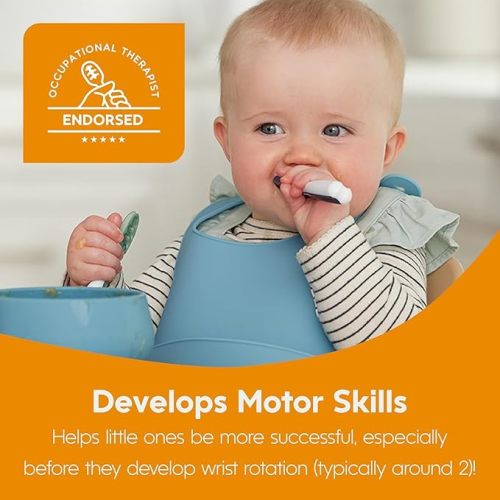 NumNum Baby Spoons Set, Baby Essentials Pre-Spoon GOOtensils for 6+ Months, First Stage Self-Feeding Spoons for Baby Led Weaning (BLW), Silicone Toddler Utensils, BPA-Free, 2 Pack Blue/Green