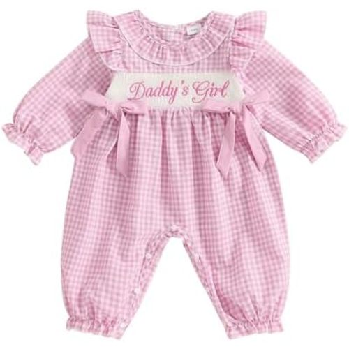 GOOCHEER Newborn Baby Girl Fall Outfit Little Sis I M New Here Smocked Romper Plaid Bow Ruffle Long Sleeve Jumpsuit Clothes