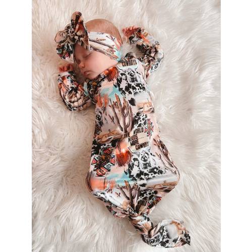 baby gown, knotted gown, tie gown with bow, western gown, baby going home outfit girl, baby gown coming home outfit, baby gown set,western