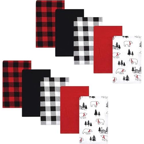 Hudson Baby Unisex Baby Cotton Flannel Burp Cloths, Buffalo Plaid Bear, One Size