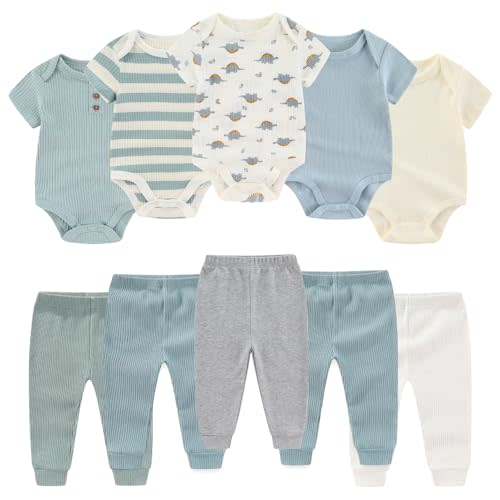 BIGBIGKISS Baby Bodysuit and Pant Set 10 Pack Cotton Summer Newborn Baby Boy Girl Clothes Outfits