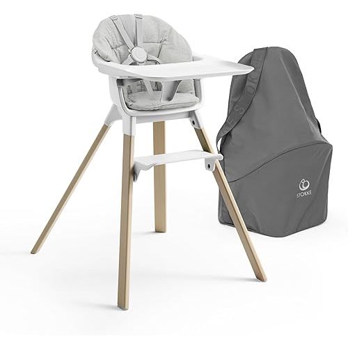 Stokke Clikk High Chair (White) with Clikk Cushion (Nordic Grey) + Travel Bag - Includes Tray & Harness - Light, Durable & Travel Friendly - Best for 6-36 Months or Up to 33 lbs