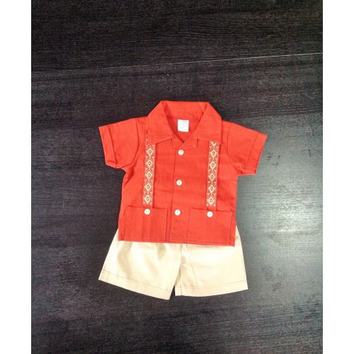 Mexican Baby Toddler Boy Guayabera Outfit Spice Orange and Beige Outfit Embroidered Handmade Shirt and Shorts Set