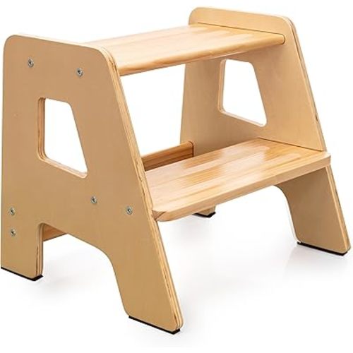 2-Step Wooden Step Stool for Toddlers | Kids Stool for Bathroom Sink & Kitchen Use | Non-Slip Step | Wooden Stool for Children Ages 2+ Years Varnished