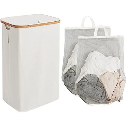 StorageWorks Large Laundry Hamper with Lid, 100L Tall Laundry Basket with Bamboo Handles and 2 Removable Inner Bag, Collapsible Laundry Hamper for Clothing, Toys, Towels, Beige, 1-Pack