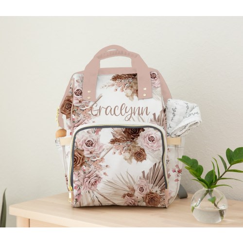 Personalized Diaper Bag, Boho Floral Baby Girl Diaper Bag Backpack - Hospital Bag, Daycare Bag, Baby Shower Gift