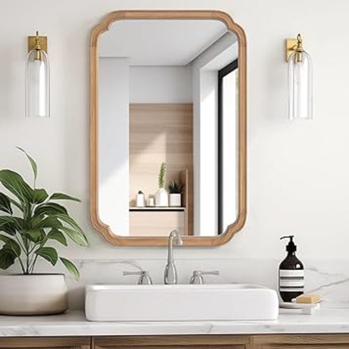 WallBeyond 24" x 36" Rounded Corner Arch Wall Mirror with Wood Frame for Entryway, Living Room or Bedroom Home Decor - Light Woodgrain [24" x 36" Honey-colored]