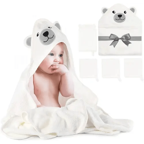 Momcozy Bamboo Baby Bath Towel Set 5pcs, Baby Towel with Hood 1pcs, Baby Washcloth 3pcs, Baby Bath Glove 1pcs, Extremely Soft, Breathable, Suitable for Girls and Boys