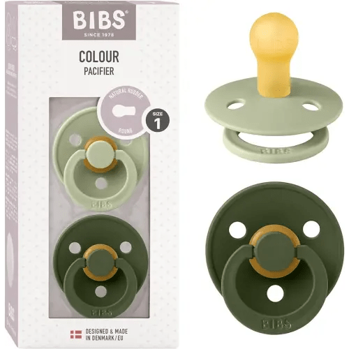 BIBS Colour Baby Pacifier 2-Pack | Made in Denmark | BPA Free Dummy Soother, Round Nipple. Natural Rubber Latex, Size 1 (0-6 Months), Sage/Hunter Green