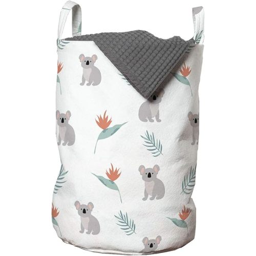 Lunarable Koala Laundry Bag, Jungle Pattern Australian Animal and Bird of Paradise, Hamper Basket with Handles Drawstring Closure for Laundromats, 13" x 19", Pale Seafoam Pale Taupe