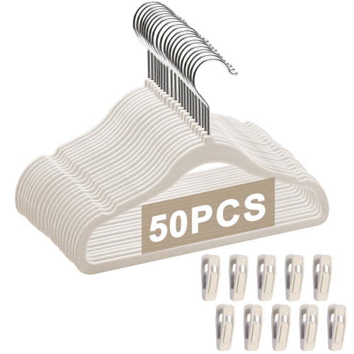 VEGCOO Baby Velvet Hangers(11inch - 50 Pcs), Premium Non Slip Kids Felt Hangers for Clothes for Toddler Kids' Closet with 10 Velvet Hanger Clips - Beige