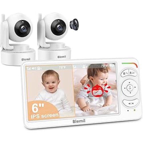 Blemil 6" Baby Monitor with 2 Cameras 4000mAh Battery Upgrade Split Screen Video Baby Monitor No WiFi Remote Pan-Tilt-Zoom Auto-Night Vision 150 Languages ECO Mode 2-Way Talk 1000FT (Ideal Condition)