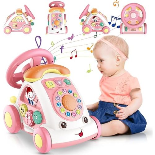 Toys for 1+ Year Old Girls - First Birthday Gift for Girls- Music Toddler Toys with Car/Sound/Music/Steering Wheel/Telephone/Lights Multi-Functional Car Early Educational Birthday Gift for Girl